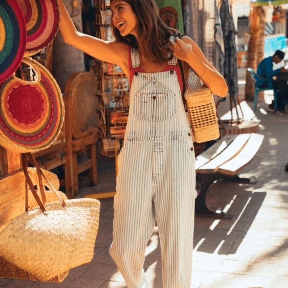 Faherty Topsail Bib Overall Railroad Stripe Blue White *Stained Distressed Small - Picture 1 of 16